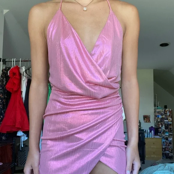 Chrome pink deep V slip dress with open back
